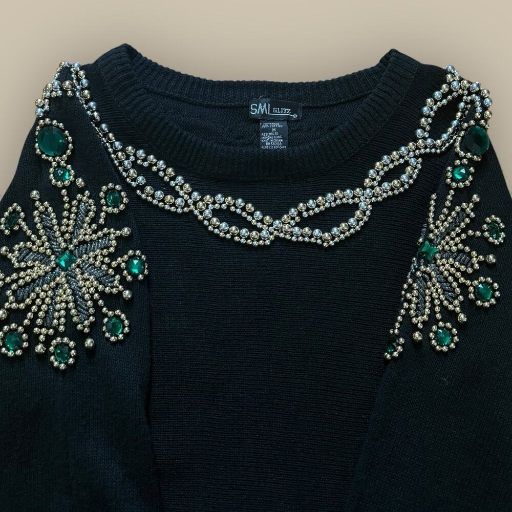 Vtg Christmas Holiday Gold Beaded Knit Sweater Black Size Medium Green Jewel